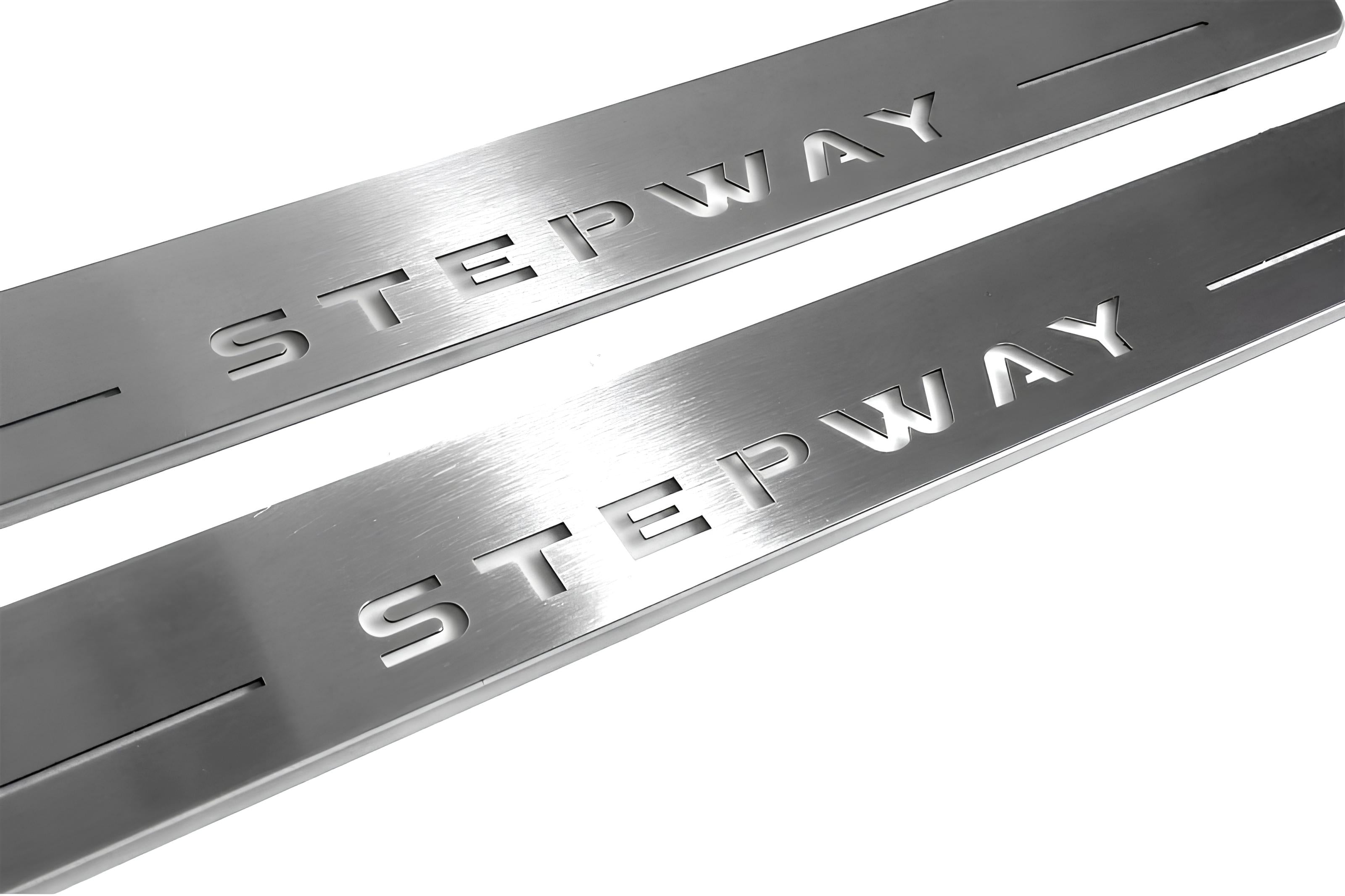 Illuminated LED Door Sill Tread Plates Renault Sandero Stepway II 2013+ With Stepway Logo Renault Led Door Sills opdesign