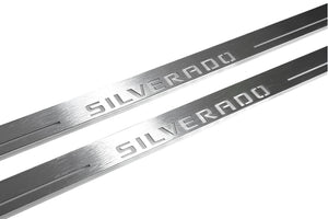 Illuminated LED Door Sill Tread Plates Chevrolet Silverado III 2014-2019 With Silverado Logo Chevrolet Led Door Sills opdesign