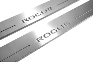 Illuminated LED Door Sill Tread Plates Nissan Rogue II 2014-2020 With Rogue Logo Nissan Led Door Sills opdesign