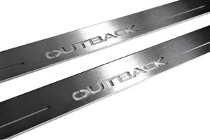 Illuminated LED Door Sill Tread Plates Subaru Outback VI 2019+ With Outback Logo Subaru Led Door Sills opdesign