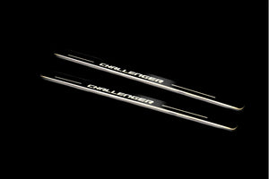 Illuminated LED Door Sill Tread Plates Dodge Challenger 2008-2023 With Challenger Logo Dodge Led Door Sills opdesign