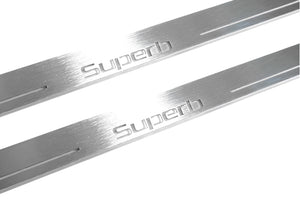 Illuminated LED Door Sill Tread Plates Skoda SuperB II 2008-2015 With SuperB Logo Skoda Led Door Sills opdesign