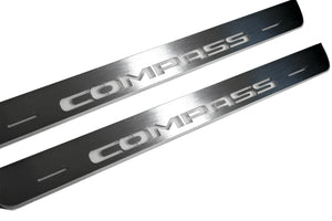 Illuminated LED Door Sill Tread Plates Jeep Compass II 2016+ With Compass Logo Jeep Led Door Sills opdesign