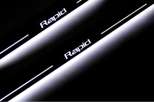 Illuminated LED Door Sill Tread Plates Skoda Rapid 2012+ With Rapid Logo Skoda Led Door Sills opdesign