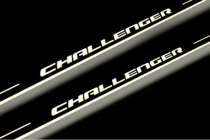 Illuminated LED Door Sill Tread Plates Dodge Challenger 2008-2023 With Challenger Logo Dodge Led Door Sills opdesign