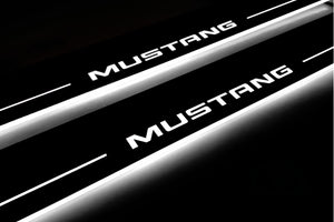 Illuminated LED Door Sill Tread Plates Ford Mustang VI 2015-2023 With Mustang Logo Ford Led Door Sills opdesign