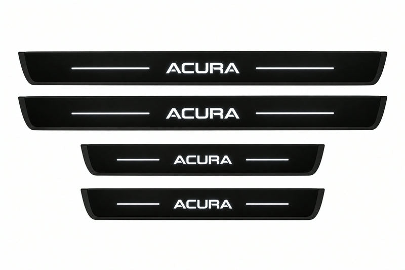 Catalog illustration of two front and two rear black Matte PRO LED door sill plates with illuminated Logo lettering for Acura MDX YE1.