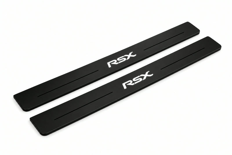 Catalogue illustration of two front black Matte PRO LED door sill plates with illuminated RSX lettering for Acura RSX Coupe DC5; dimensions are selected during manufacture.