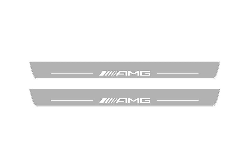 Illuminated LED Door Sill Tread Plates Mercedes CLA W117 2013-2019 With AMG Logo Mercedes Led Door Sills opdesign