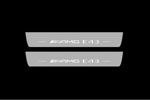 Illuminated LED Door Sill Tread Plates Mercedes E W213 2016-2023 With AMG E43 Logo Mercedes Led Door Sills opdesign