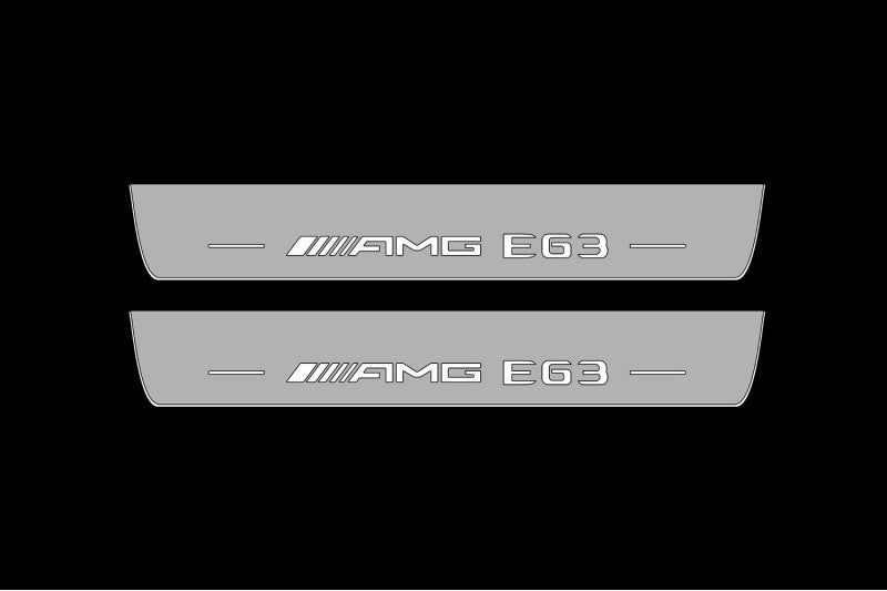 Illuminated LED Door Sill Tread Plates Mercedes E W213 2016-2023 With AMG E63 Logo Mercedes Led Door Sills opdesign