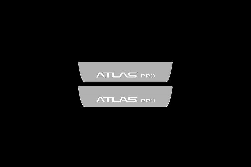 Illuminated LED Door Sill Tread Plates Geely Atlas Pro 2022+ With Atlas Pro Logo Geely Led Door Sills opdesign