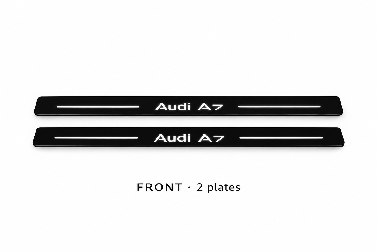 Audi A7 Sportback 4G8 Matte PRO catalogue illustration: two black FRONT plates with illuminated Audi A7 lettering on white