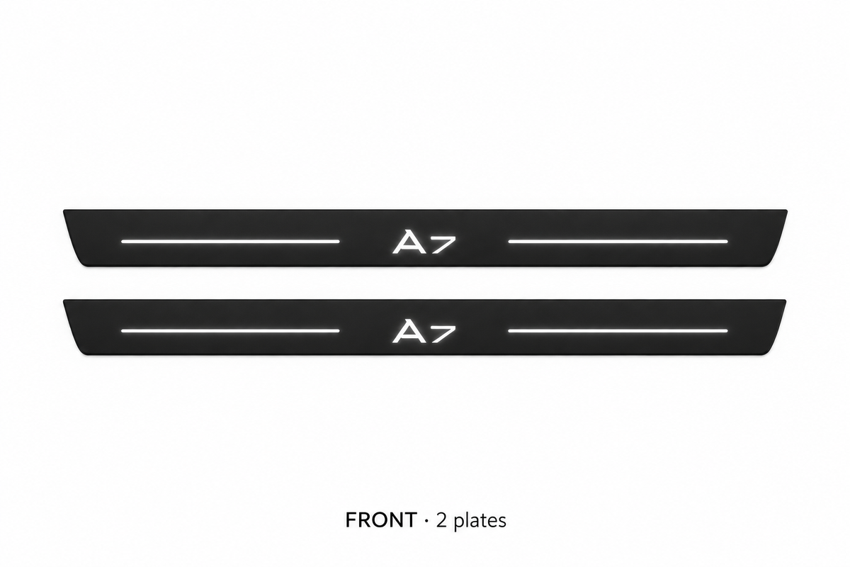 Audi A7 4K8 Matte PRO catalogue illustration: two flat black FRONT plates with illuminated A7 lettering and top lines on white; not exact dimensions