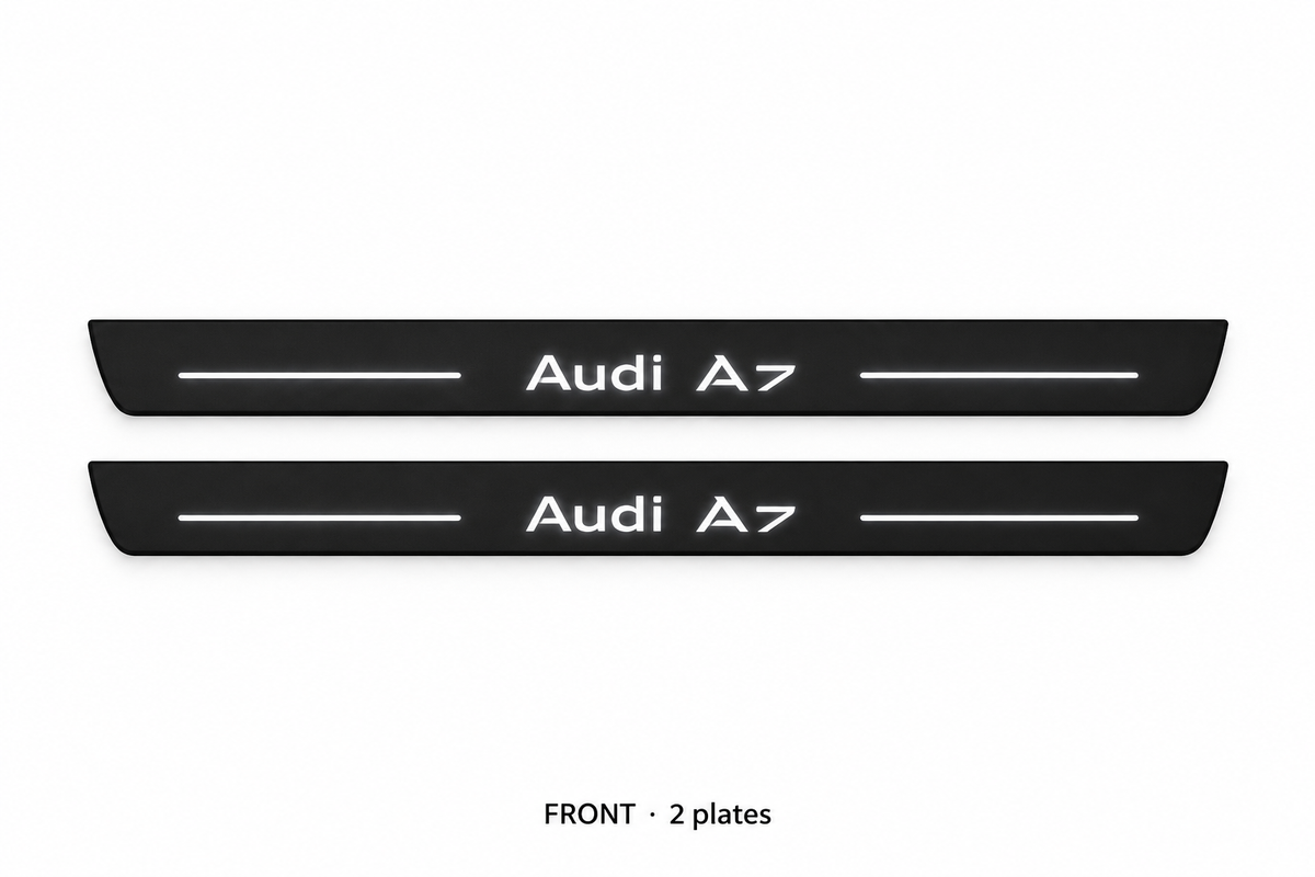 Audi A7 4K8 Matte PRO catalogue illustration: two flat black FRONT plates with illuminated Audi A7 lettering and top lines on white; not exact dimensions