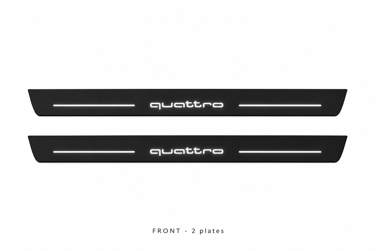 Audi A7 4K8 Matte PRO catalogue illustration: two flat black FRONT plates with illuminated quattro lettering and top lines on white; not exact dimensions