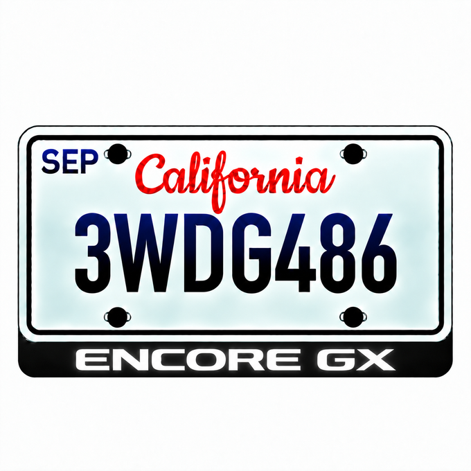 Buick Encore GX illuminated LED license plate badge with solid lettering below an illustrative US plate; plate not included