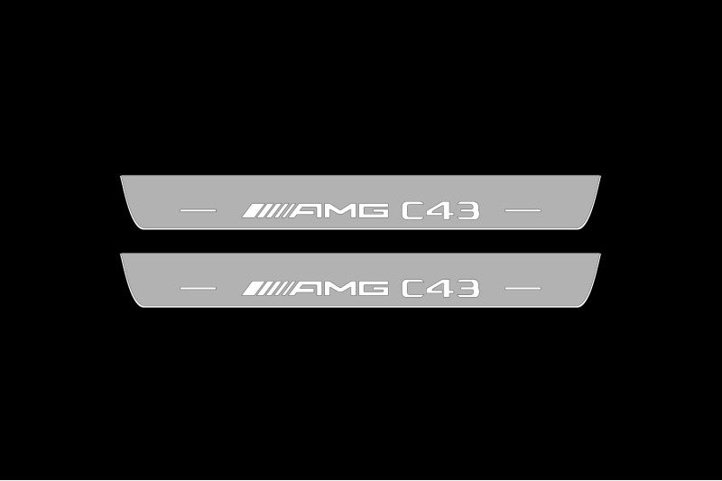 Illuminated LED Door Sill Tread Plates Mercedes C W205 Coupe 2014-2021 With AMG С43 Logo Mercedes Led Door Sills opdesign