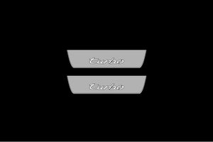 Illuminated LED Door Sill Tread Plates Porsche Cayenne II 2010-2017 With Turbo Logo Porsche Led Door Sills opdesign