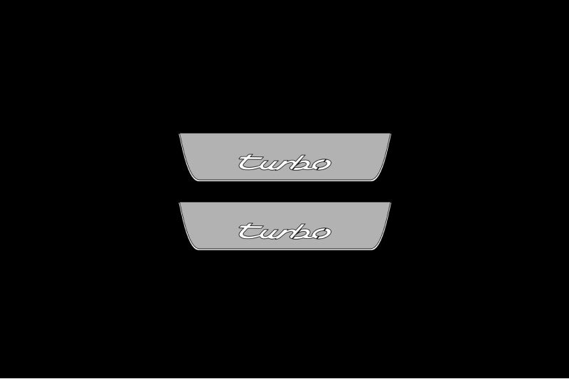 Illuminated LED Door Sill Tread Plates Porsche Cayenne II 2010-2017 With Turbo Logo Porsche Led Door Sills opdesign