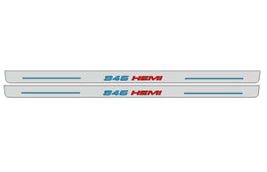 Illuminated LED Door Sill Tread Plates Dodge Challenger 2008-2023 With 345 HEMI Logo Dodge Led Door Sills opdesign FLOW FRONT STAINLESS STEEL