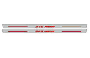 Illuminated LED Door Sill Tread Plates Dodge Challenger 2008-2023 With 345 HEMI Logo Dodge Led Door Sills opdesign RED FRONT STAINLESS STEEL