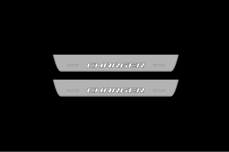Illuminated LED Door Sill Tread Plates Dodge Charger 2005-2011 With Charger Logo Dodge Led Door Sills opdesign