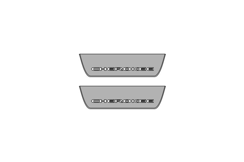 Illuminated LED Door Sill Tread Plates Jeep Cherokee KL 2014-2023 With Cherokee Logo Jeep Led Door Sills opdesign