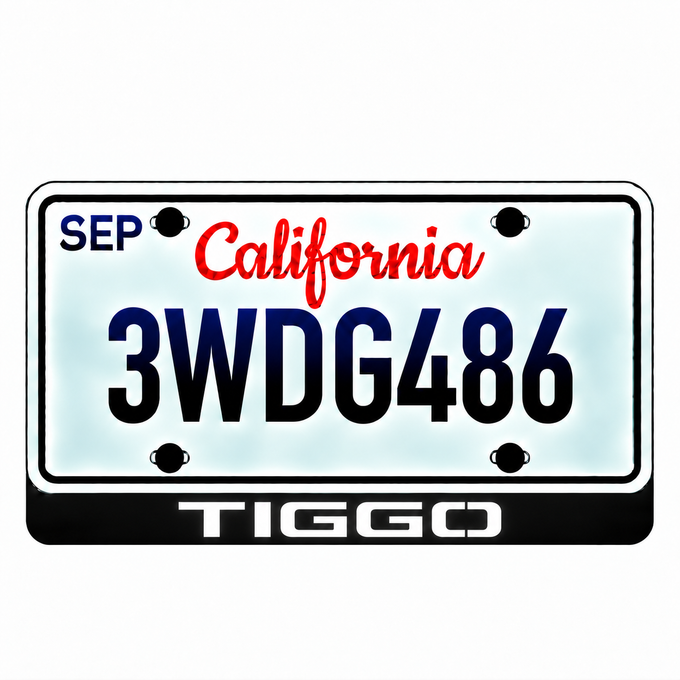 Chery TIGGO illuminated LED license plate badge with solid lettering below an illustrative US plate; plate not included