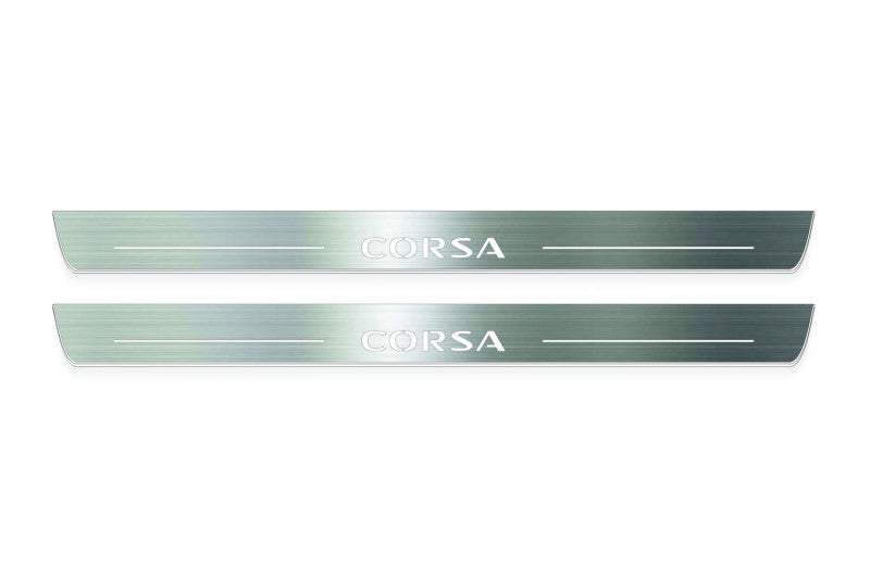 Vauxhall Corsa E 3D 2014+ Stainless Steel LED Door Sills – Corsa Logo