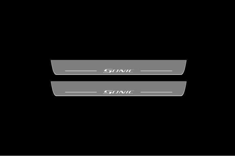 Illuminated LED Door Sill Tread Plates Chevrolet Sonic 2012+ With Sonic Logo Chevrolet Led Door Sills opdesign