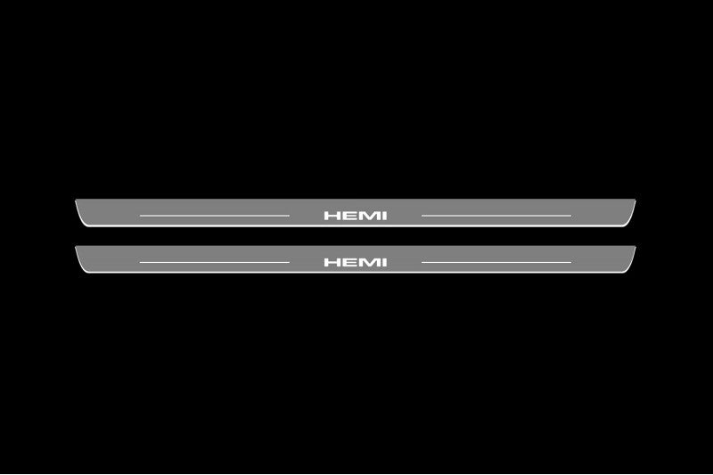 Illuminated LED Door Sill Tread Plates Dodge Challenger 2008-2023 With HEMI Logo Dodge Led Door Sills opdesign