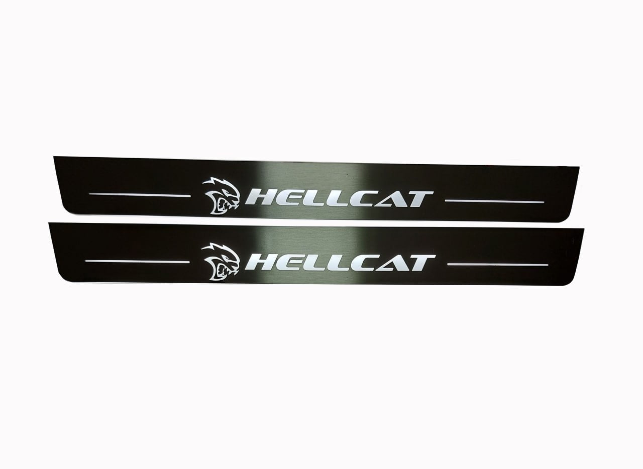Illuminated LED Door Sill Tread Plates Dodge Durango III 2011+ With HELLCAT Logo (Type 2) Dodge Led Door Sills opdesign