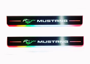 Illuminated LED Door Sill Tread Plates Ford Mustang VI 2015-2023 With Mustang Logo Ford Led Door Sills opdesign