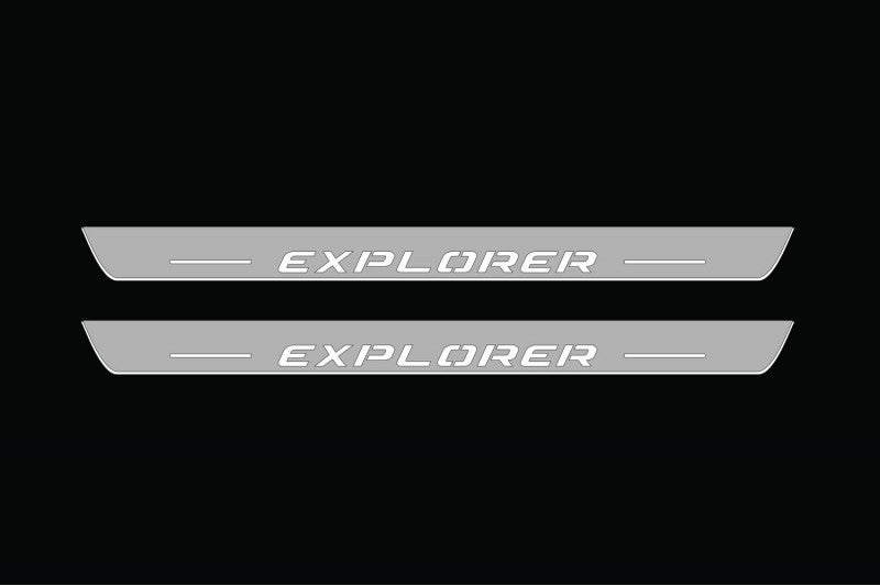 Illuminated LED Door Sill Tread Plates Ford Explorer V 2011-2019 With Explorer Logo Ford Led Door Sills opdesign