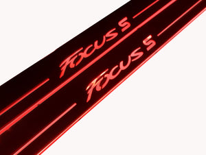 Illuminated LED Door Sill Tread Plates Ford Focus III 2011-2018 With Focus S Logo Ford Led Door Sills opdesign RED FRONT STAINLESS STEEL