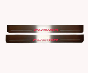 Illuminated LED Door Sill Tread Plates Ford Fusion II 2012-2020 With Fusion Logo Ford Led Door Sills opdesign FLOW FRONT STAINLESS STEEL