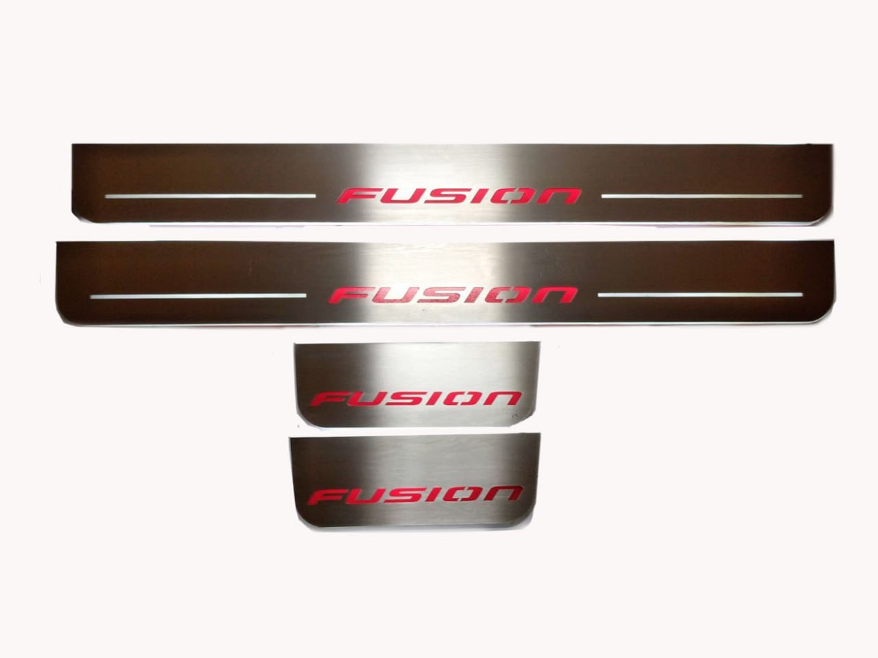 Illuminated LED Door Sill Tread Plates Ford Fusion II 2012-2020 With Fusion Logo Ford Led Door Sills opdesign FLOW FRONT+REAR STAINLESS STEEL