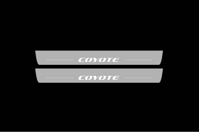 Illuminated LED Door Sill Tread Plates Ford Mustang V 2005-2015 With Coyote Logo Ford Led Door Sills opdesign