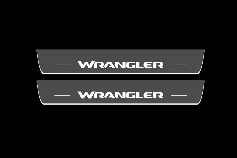 Illuminated LED Door Sill Tread Plates Jeep Wrangler JL 2018+ With Wrangler Logo Jeep Led Door Sills opdesign