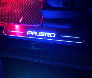 Illuminated LED Door Sill Tread Plates Mitsubishi Pajero Wagon IV 2006-2021 With Pajero Logo Mitsubishi Led Door Sills opdesign