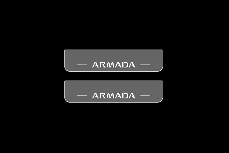 Illuminated LED Door Sill Tread Plates Nissan Armada II 2017+ With Armada Logo Nissan Led Door Sills opdesign