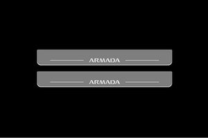 Illuminated LED Door Sill Tread Plates Nissan Armada II 2017+ With Armada Logo Nissan Led Door Sills opdesign