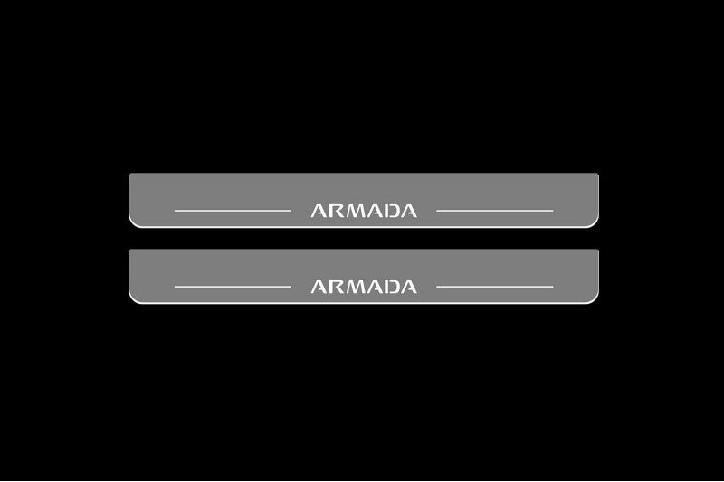 Illuminated LED Door Sill Tread Plates Nissan Armada II 2017+ With Armada Logo Nissan Led Door Sills opdesign