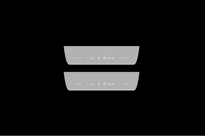 Illuminated LED Door Sill Tread Plates Renault Scenic III 2009-2016 With Scenic Logo Renault Led Door Sills opdesign