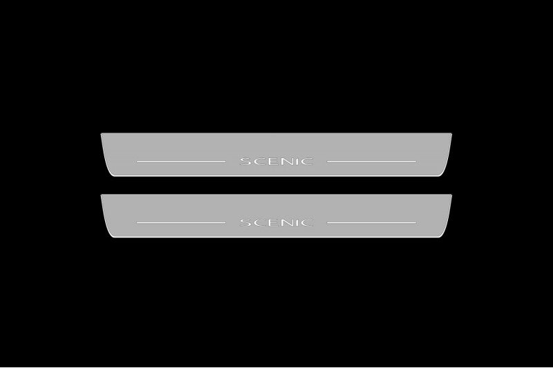 Illuminated LED Door Sill Tread Plates Renault Scenic III 2009-2016 With Scenic Logo Renault Led Door Sills opdesign