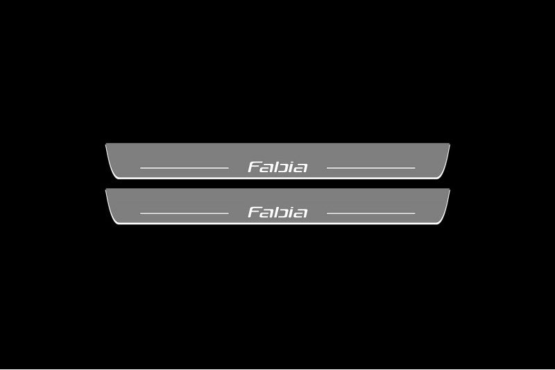 Illuminated LED Door Sill Tread Plates Skoda Fabia II 2007-2014 With Fabia Logo Skoda Led Door Sills opdesign