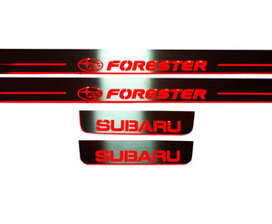 Illuminated LED Door Sill Tread Plates Subaru Forester IV 2012-2018 With Forester Logo Subaru Led Door Sills opdesign RED FRONT+REAR STAINLESS STEEL