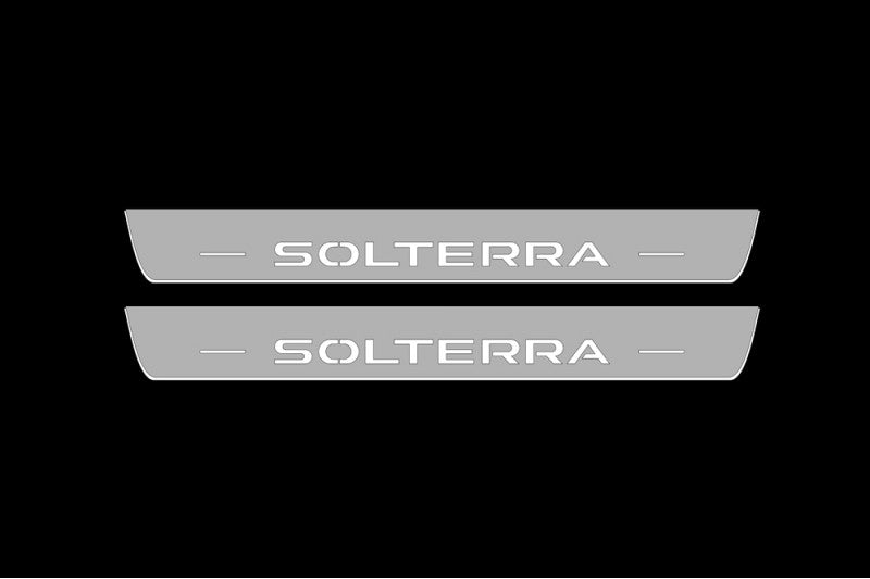 Illuminated LED Door Sill Tread Plates Subaru Solterra 2022+ With Solterra Logo Subaru Led Door Sills opdesign