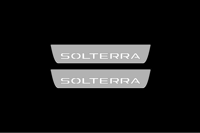 Illuminated LED Door Sill Tread Plates Subaru Solterra 2022+ With Solterra Logo Subaru Led Door Sills opdesign